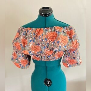 ZARA Poplin Floral Printed Crop Top w/ Puff Sleeves Size L NWT, * Read Detail *